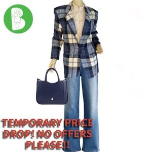 VINTAGE 1980'S INTRIGUING THREADS BLUE & WHITE COTTON BLEND PLAID BLAZER (S)